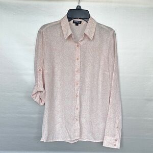 Express pink floral button-down shirt long roll-tab sleeve Sz XS Business Office